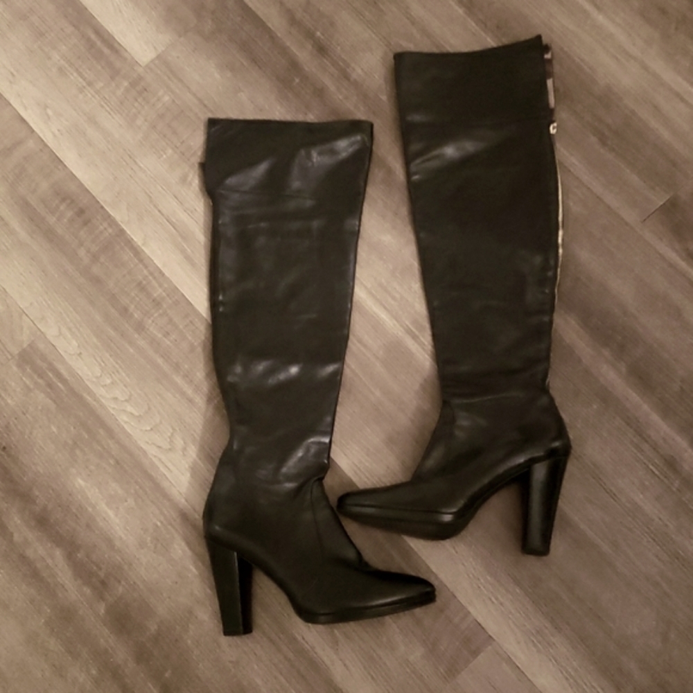 Stuart Weitzman Black Leather Knee High Boots Leopard Cuff Block Heel Edgy Chic - Picture 2 of 8